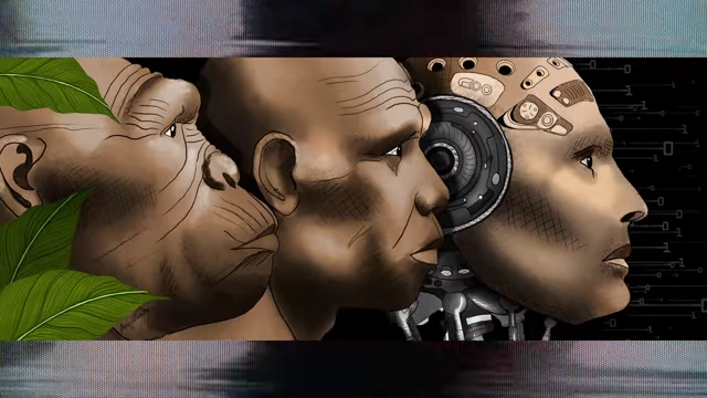 An illustration depicting the evolution from ape to human to a cyborg