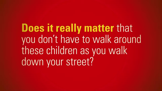 A slide from Peter Singer's TED Talk with the question, 'Does it really matter that you don't have to walk around these children as you walk down your street?'