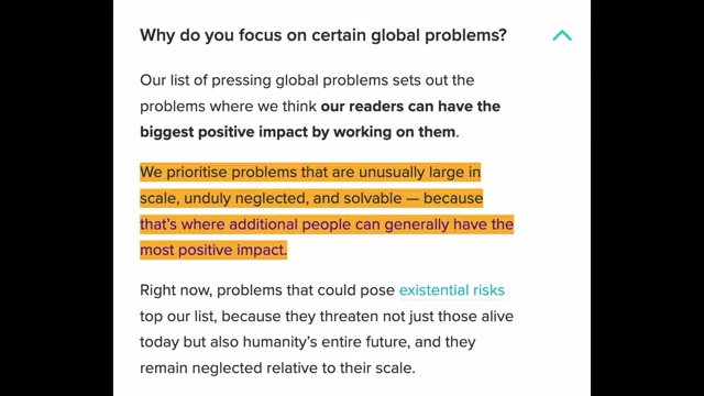 A highlighted quote from 80,000 Hours on prioritizing large, neglected, and solvable problems