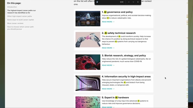 A list of 'top 11 jobs' recommended by 80,000 Hours, with AI-related roles prominent