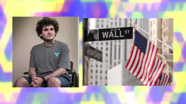 Sam Bankman-Fried juxtaposed with a Wall Street sign