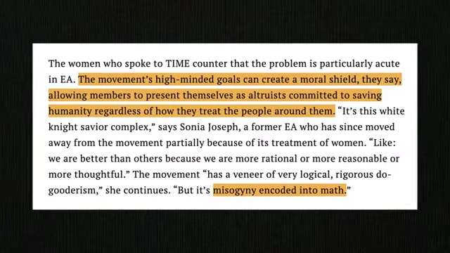 A quote from the Time article on EA's 'moral shield' and 'misogyny encoded into math'