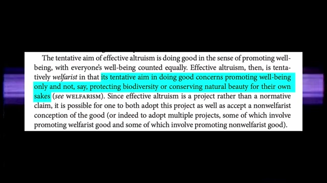A quote from MacAskill's paper on effective altruism prioritizing 'well-being only' over biodiversity