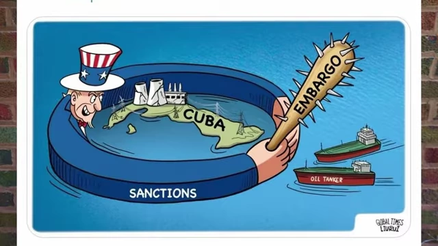 A political cartoon depicting a US figure imposing an 'Embargo' on Cuba