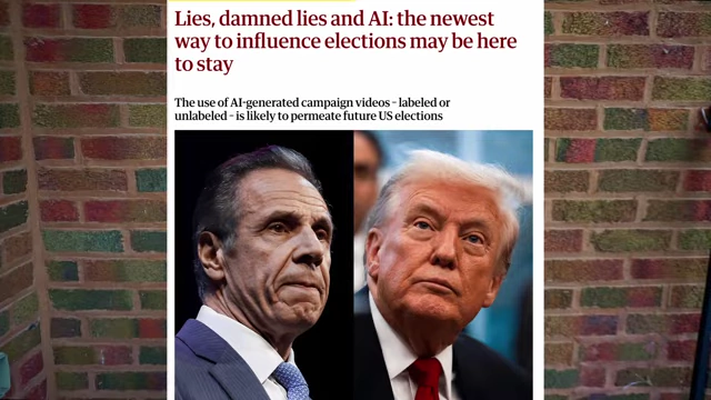 A news headline, 'Lies, damned lies and AI: the newest way to influence elections may be here to stay'