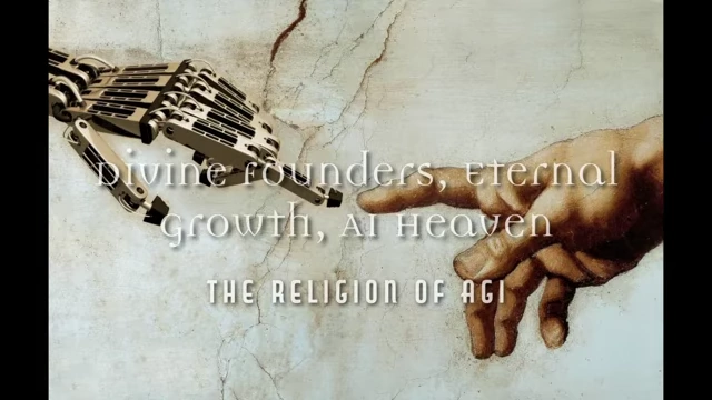 The title card for 'Divine Founders, Eternal Growth, AI Heaven: The Religion of AGI,' featuring a depiction of the Creation of Adam with a robotic hand