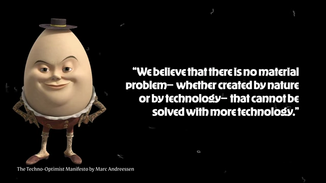 A visual featuring Humpty Dumpty alongside a quote from Marc Andreessen's 'Techno-Optimist Manifesto'