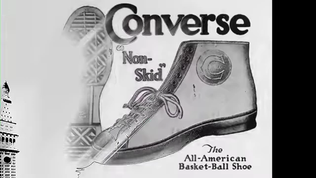 A vintage advertisement for Converse sneakers, a historical image of skyscrapers, and early automobiles