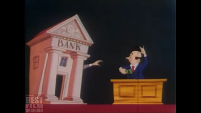 A cartoon depicting a bank and a man with money, symbolizing profit over public good