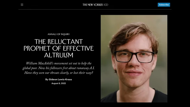 A New Yorker article titled 'The Reluctant Prophet of Effective Altruism,' featuring William MacAskill