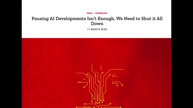 A headline 'Pausing AI Developments Isn't Enough. We Need to Shut It All Down'