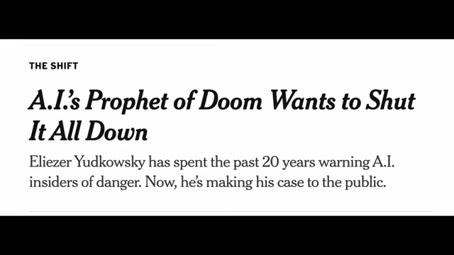 A headline 'A.I.'s Prophet of Doom Wants to Shut It All Down,' featuring Eliezer Yudkowsky