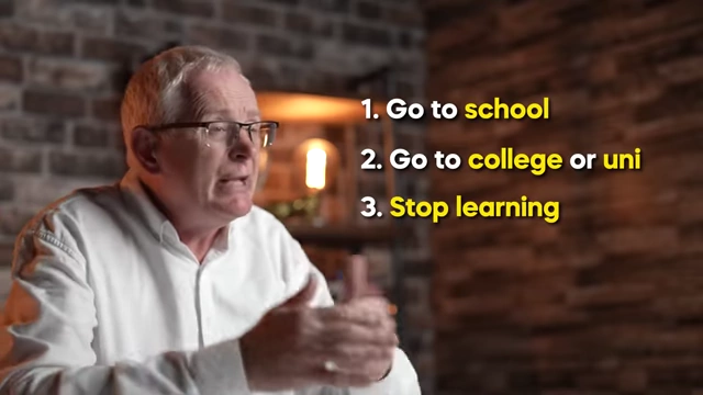 Text listing the traditional learning path: 1. Go to school, 2. Go to college or uni, 3. Stop learning