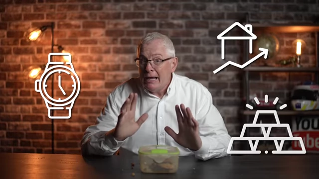 Icons representing various asset classes: a watch, a house with an upward trend arrow, and gold bars