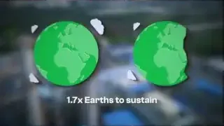 An infographic showing two Earths, one whole and one with a bite taken out, indicating that human consumption requires 1.7 times the Earth's resources.