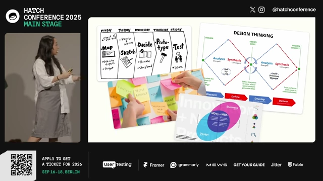 A collage of design thinking artifacts, including a design sprint schedule, a double diamond diagram, a design thinking Venn diagram, and sticky notes, illustrating the variety of process documentation.