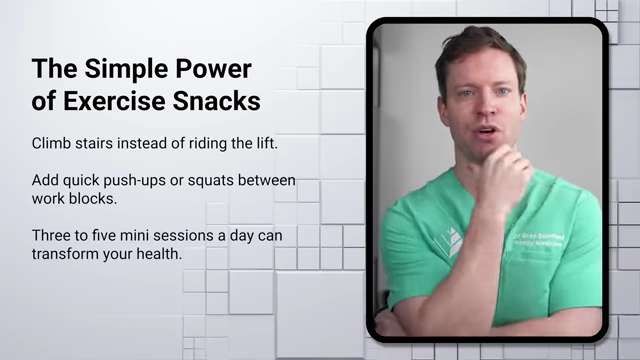 Practical "exercise snacks" like climbing stairs or doing quick push-ups can be integrated into busy schedules for significant health benefits.