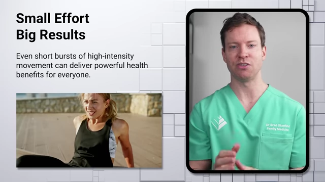 A concluding slide emphasizing that even small efforts in high-intensity movement can deliver powerful health benefits for everyone.