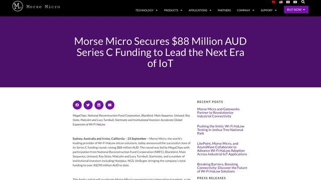 Morse Micro融资新闻稿网页截图