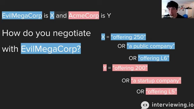 Diagram illustrating how to selectively share information from two different offers (EvilMegaCorp and AcmeCorp) to gain leverage