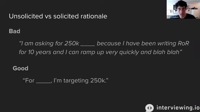Examples of "bad" (unsolicited rationale) and "good" (confident statement) ways to communicate salary targets