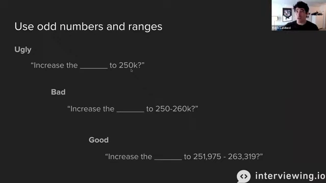 Examples of "ugly," "bad," and "good" ways to ask for a salary increase using round vs. odd numbers and ranges