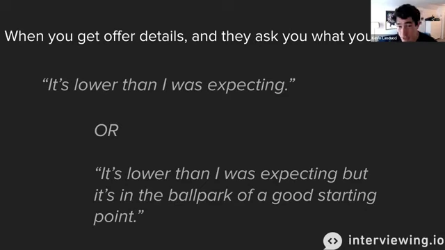 Recommended phrases to use when a recruiter asks for your thoughts on an initial offer