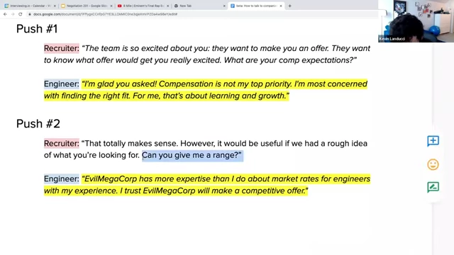 Example dialogue for deflecting recruiter's questions about salary expectations