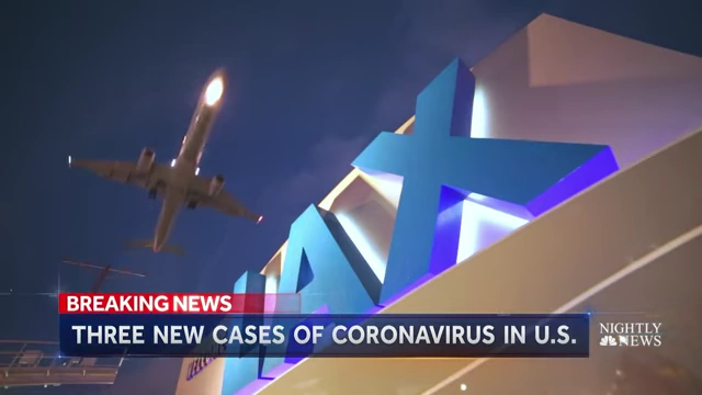 News footage reporting "Three New Cases of Coronavirus in U.S." during the COVID-19 pandemic.