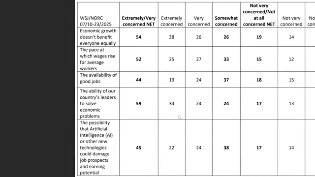 Table showing public concern levels across various economic and social issues, including economic growth, wages, job availability, leaders' ability to solve problems, and AI impact.