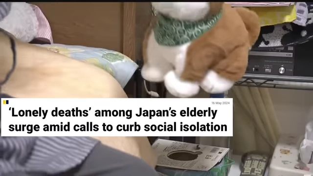 A newspaper headline reads "'Lonely deaths' among Japan's elderly surge amid calls to curb social isolation," emphasizing the severe consequences of isolation.