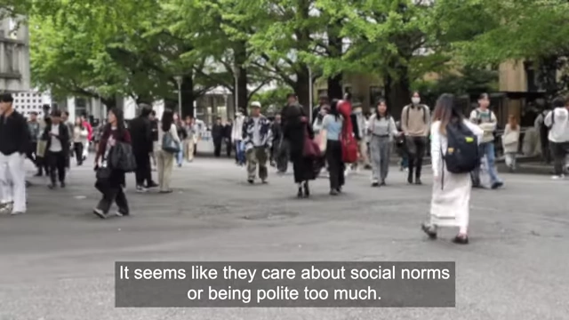 An interviewee explains that Japanese people care too much about social norms and politeness, leading them to suppress their true feelings.