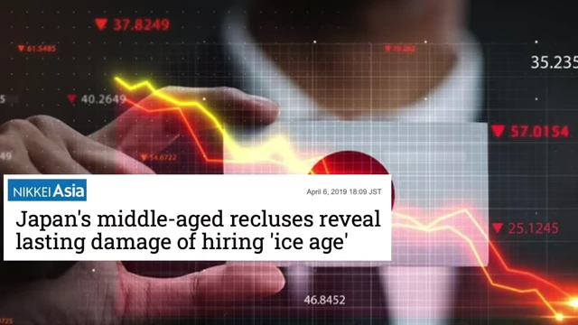 A newspaper headline reads "Japan's middle-aged recluses reveal lasting damage of hiring 'ice age'" overlaid on a chart showing a decline, illustrating the economic roots of hikikomori in older generations.