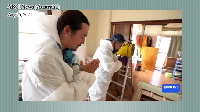 Images show cleanup crews working in a home, representing the aftermath of a lonely death in Japan.