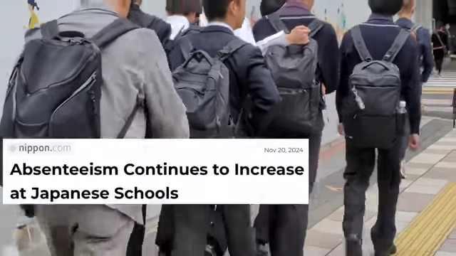 A newspaper headline reads "Absenteeism Continues to Increase at Japanese Schools," highlighting a growing problem among Japanese youth.