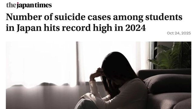 A newspaper headline reads "Number of suicide cases among students in Japan hits record high in 2024," emphasizing the severe mental health crisis among young people.