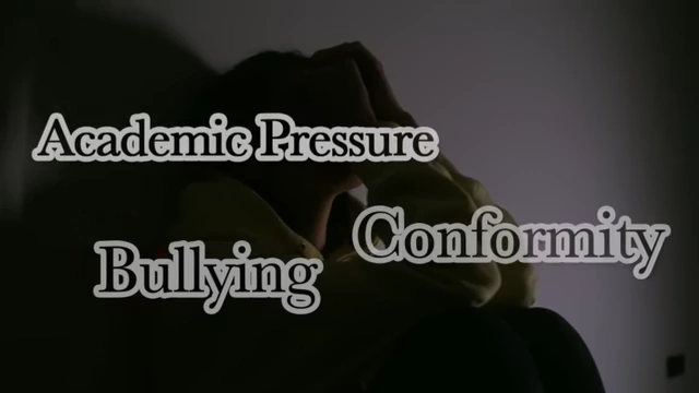 Words "Academic Pressure," "Bullying," and "Conformity" appear on screen over a person sitting alone, summarizing key challenges for youth.