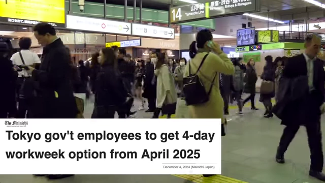 A newspaper headline reads "Tokyo gov't employees to get 4-day workweek option from April 2025", indicating a potential shift towards more flexible work arrangements.