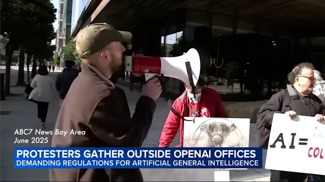 Protesters outside OpenAI offices demanding regulations for Artificial General Intelligence.