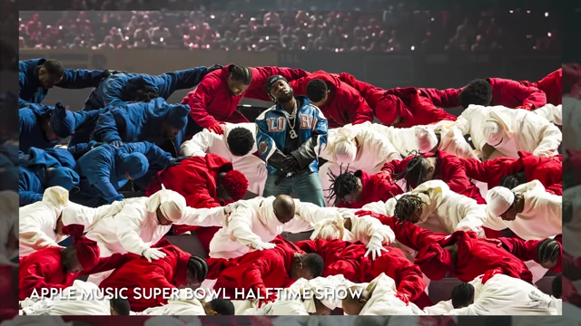 Dancers on stage forming the American flag during Kendrick Lamar's Super Bowl Halftime Show