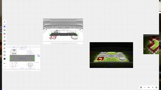 Mike Carson's laptop screen showing more detailed stage renders and designs