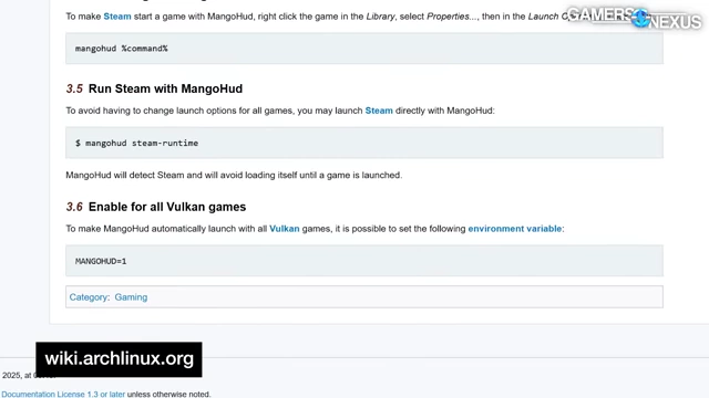 Arch Wiki上关于MangoHUD运行Steam的说明，展示了其命令