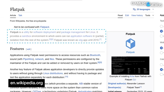 Flatpak维基百科页面，解释了其作为Linux软件部署和包管理工具的沙盒特性