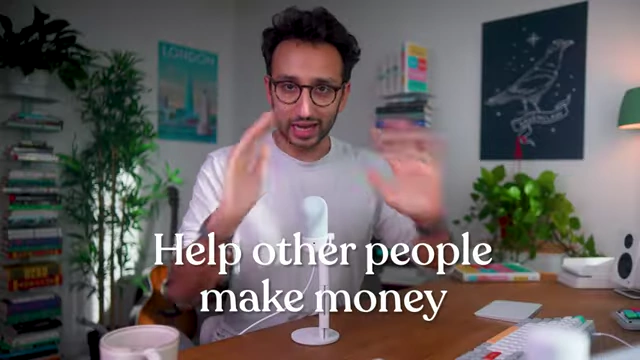 A speaker gesturing with text overlay "Help other people make money." This is the core thesis of the video.