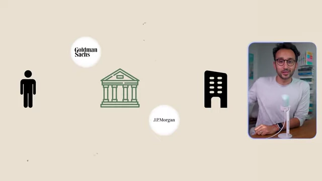 An illustration showing a bank and the logos of Goldman Sachs and JP Morgan, along with a business icon, signifying how these financial institutions profit by facilitating transactions for other companies.