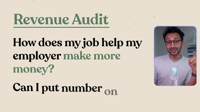 A question prompt for a "Revenue Audit" asking "How does my job help my employer make more money?" and "Can I put a number on it?", emphasizing the importance of quantifiable contributions to revenue.