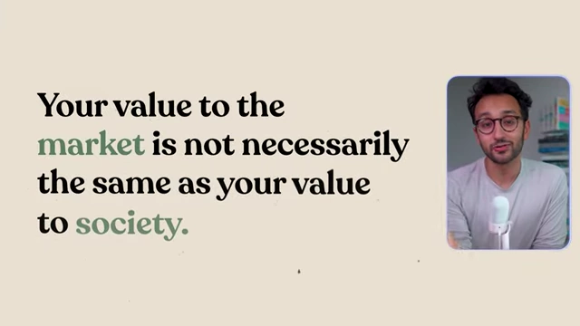 A visual illustrating the disparity between "Your value to the market" and "your value to society," indicating that these are not necessarily the same for professionals.