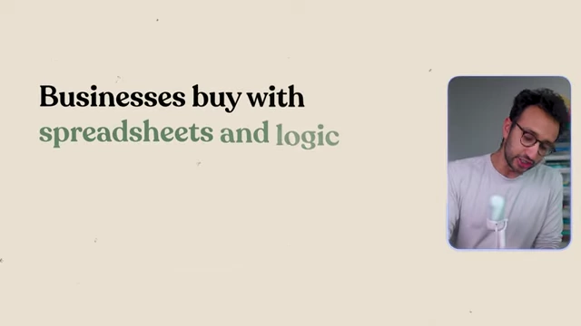 A text overlay stating "Businesses buy with spreadsheets and logic" highlighting the logical purchasing behavior of businesses compared to consumers.