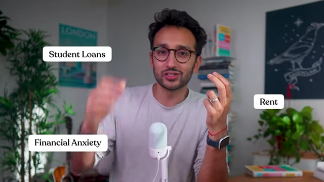 A speaker points to text overlays of "Student Loans," "Financial Anxiety," and "Rent" to illustrate the financial pressures consumers face when making purchases.