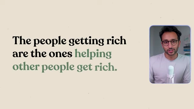 A text overlay stating "The people getting rich are the ones helping other people get rich," highlighting the core principle for wealth accumulation in a capitalist system.